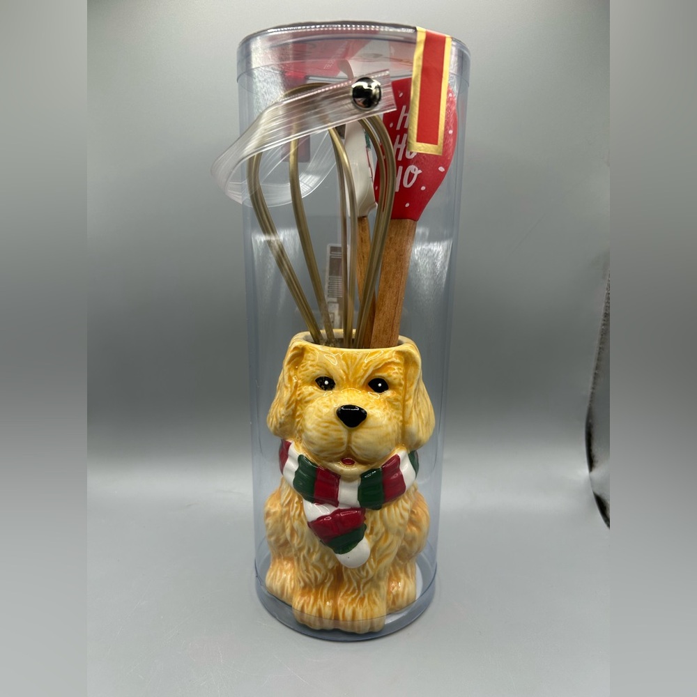 Cook With Color Christmas DOG Silicone Utensil Set Ceramic Holder Christmas NEW
